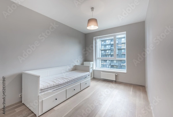 Fototapeta Minimalistic Home Bedroom Interior with Gray Walls and a White Single Bed Frame