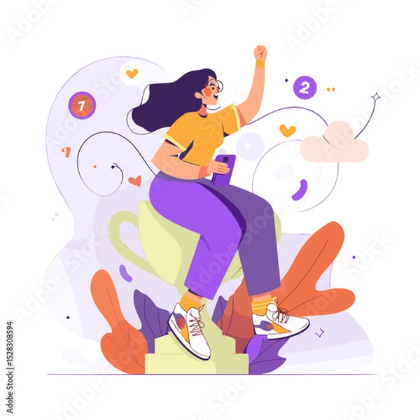 Obraz Elevated Victory: A determined individual rides a giant cup as a symbol of triumph, surrounded by symbolic elements representing the pursuit of success.