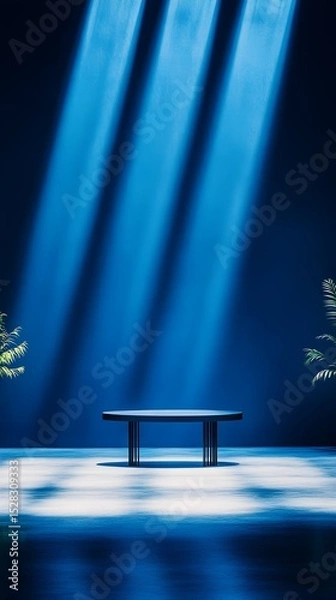 Fototapeta A low, dark-wood oval table sits centrally in a dark blue room, bathed in three vertical beams of light. Small, leafy plants flank the table, their shadows cast on the reflective floor.