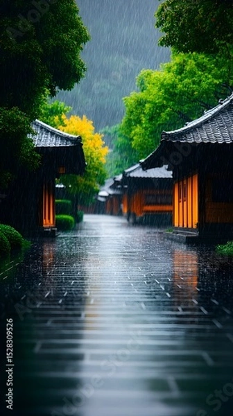 Fototapeta Rainy day scene of a pathway lined with traditional dark-wood buildings, illuminated from within, set amidst lush green foliage under a misty sky. The wet stone path reflects the ambient light