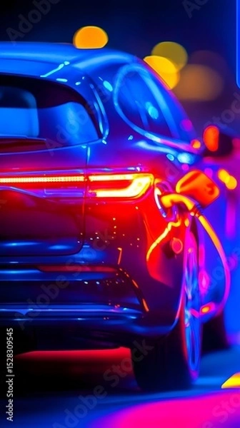 Fototapeta Rear view of a sleek, dark-colored hatchback at night, illuminated by vibrant neon-like lights and blurred city bokeh. The car's taillights glow intensely, creating a dynamic, stylish feel