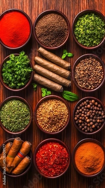 Fototapeta Overhead shot of twelve small bowls filled with various dried herbs and spices, two rows of three cigars nestled amongst them on a dark wood surface.  The vibrant colors of the spices contrast