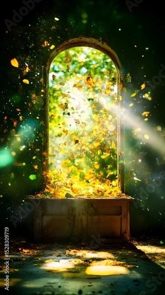 Fototapeta Sunlit autumn leaves burst through an arched window in a dark, dilapidated room, creating a magical, ethereal scene with swirling foliage and beams of light
