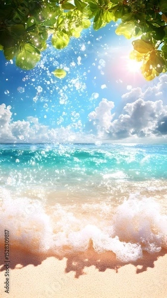 Fototapeta Sunlit tropical beach scene with gentle waves lapping a sandy shore, framed by vibrant green foliage overhead, showcasing a bright blue sky with fluffy clouds and sparkling water