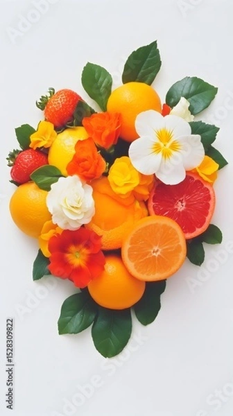 Fototapeta A vibrant still life of citrus fruits (oranges, grapefruits, lemons) and strawberries artfully arranged with orange, red, and white flowers and green leaves, creating a heart-like shape agains