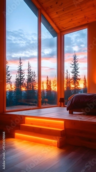 Fototapeta Sunset-lit modern cabin bedroom with large windows showcasing a vibrant boreal forest scene at twilight, illuminated by warm LED step lighting on a raised wooden platform