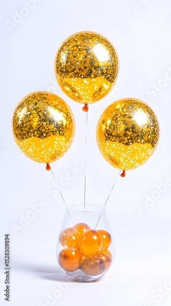 Fototapeta Three large gold balloons with confetti flecks, attached to thin wires, rise from a clear glass vase filled with smaller, similarly colored balloons.  The background is a plain white