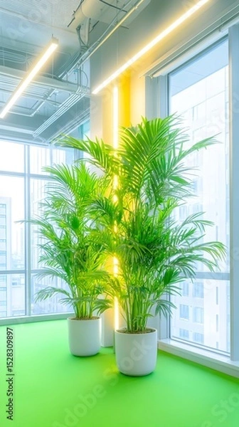 Fototapeta Three lush potted palm plants stand on a vibrant green floor near large windows in a modern, bright office space.  Linear LED lighting illuminates the scene