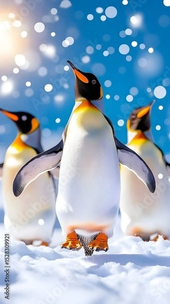 Fototapeta Three king penguins waddle on snowy ground amidst a gentle snowfall and bright sunlight, creating a vibrant winter scene