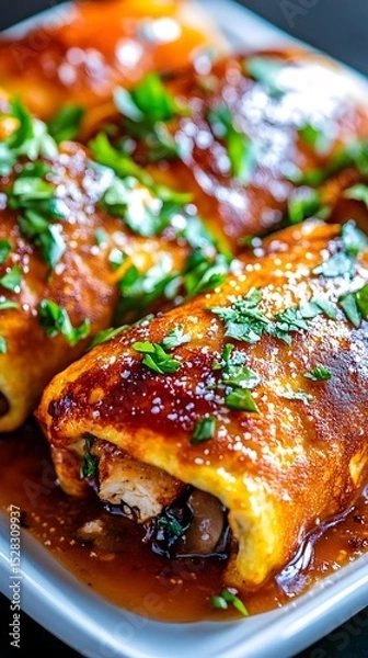 Fototapeta Three savory egg rolls, glistening with a rich, amber-colored sauce, are artfully arranged on a white rectangular plate.  Fresh parsley garnishes the top.  The filling
