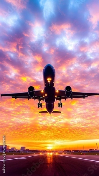 Fototapeta A passenger jet ascends during a vibrant sunset, its landing gear down, silhouetted against a backdrop of fiery orange, pink, and purple clouds. The runway stretches towards a setting sun, reflecting