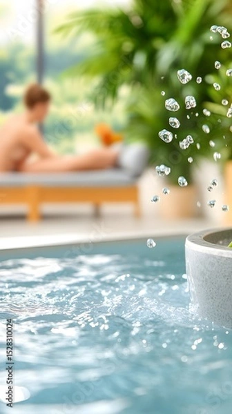 Fototapeta Tranquil spa scene with a small water fountain in a pool, a blurred figure relaxing on a lounger in the background, lush greenery visible through a large window