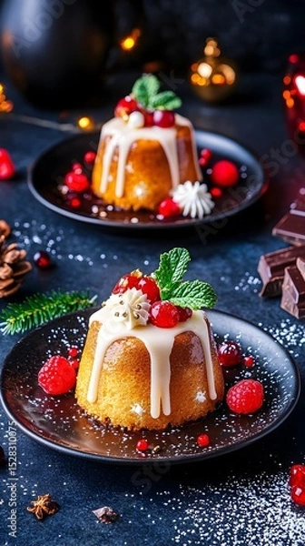 Fototapeta Two elegant, golden-brown desserts, possibly puddings, are presented on dark plates.  Each is topped with a white glaze, cranberries, raspberries, and a sprig of mint. Festive holiday decorations