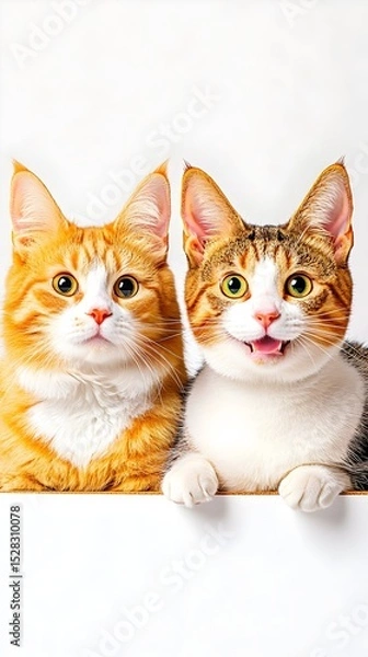 Fototapeta Two cats, an orange tabby and a calico, sit side-by-side, peering over a white surface, their expressions curious and playful; the calico's mouth is slightly open in a happy expression.