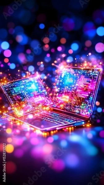 Fototapeta Two laptops, seemingly floating, showcasing vibrant internal circuitry bathed in neon-hued light and bokeh effects, suggesting speed and technological innovation