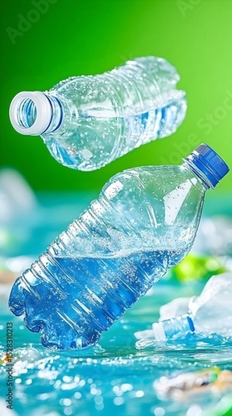Fototapeta Two plastic water bottles, one clear and one blue, appear to float above a pile of crumpled plastic waste against a vibrant green backdrop.  The image highlights plastic pollution and recycling issues