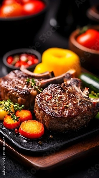 Fototapeta Two succulent, seasoned lamb chops, expertly seared to a rich brown, rest on a hot cast-iron skillet with roasted vegetables including carrots, zucchini, and bell peppers; a sprig of thyme adds a 