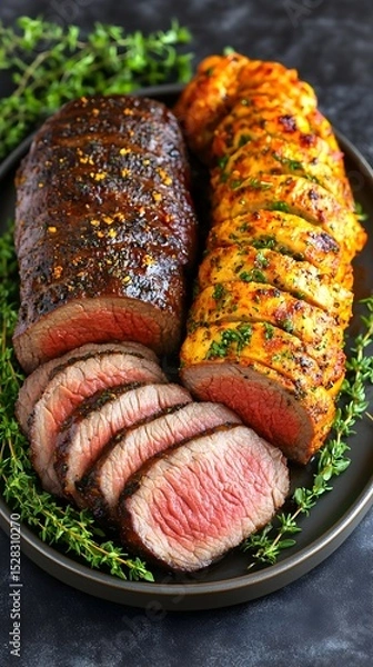 Fototapeta Two sliced roasted meat loaves, one dark and one light orange, rest on a dark grey platter garnished with fresh thyme sprigs.  The meat is juicy and appears tender, showcasing a flavorful glaze