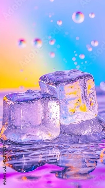 Obraz Two translucent ice cubes rest on a wet, reflective surface,  illuminated by a vibrant, colorful, and slightly blurred background featuring iridescent bubbles
