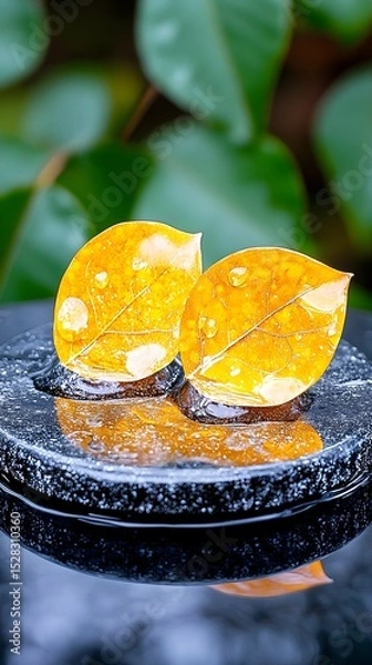 Fototapeta Two translucent, amber leaves, glistening with water droplets, rest on a dark, polished stone.  They are reflected in the still, dark water below, set against a softly blurred background of green