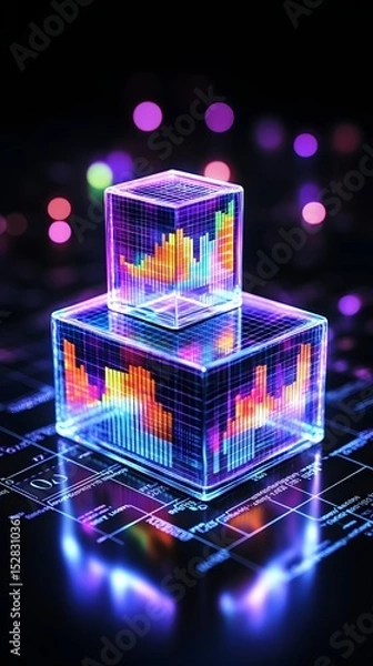 Fototapeta Two translucent cubes, glowing with vibrant multicolored data visualizations, rest on a dark reflective surface patterned with circuit-like designs, set against a bokeh background