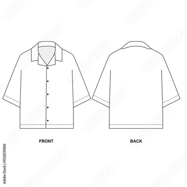 Fototapeta Vector drawing of pajama shirt, front and back view. Sketch of unisex summer Hawaiian shirt with short sleeves, white color. Blank button-down shirt template.