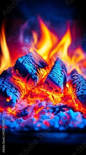 Fototapeta Vibrant, close-up shot of burning firewood, showcasing intensely colored flames of orange, red, and blue hues engulfing glowing embers and ash.  The image has a dark, moody background