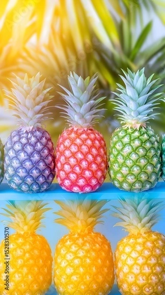 Fototapeta Vibrant, miniature pineapples in rainbow hues arranged on a bright blue surface, set against a blurred, sunlit tropical backdrop