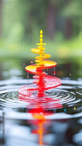 Fototapeta Vibrant red and yellow paint forms a spiraling tower, culminating in a pointed top, as it impacts a dark, still water surface, creating concentric ripples and tiny droplets suspende