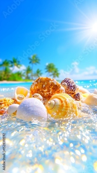 Fototapeta Vibrant seashells nestled in shallow, sunlit turquoise water on a tropical beach, with palm trees in the background under a bright, sunny sky