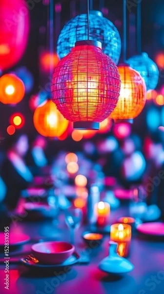 Fototapeta Vibrant, multicolored spherical pendant lamps illuminate a dimly lit space above a table setting with plates and candles, creating a warm, inviting, and festive atmosphere.  The blurred background