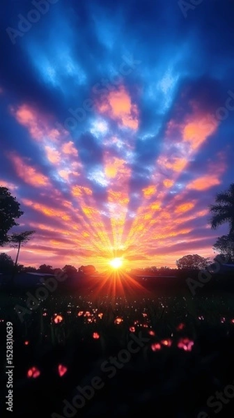 Fototapeta Vibrant sunrise bursting through clouds, casting radiant orange and pink hues across a silhouetted field of flowers, creating a dramatic and colorful scene