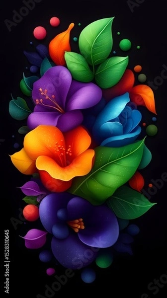 Fototapeta Vibrant, stylized floral bouquet in rainbow hues against a black background.  Flowers and leaves rendered with smooth gradients and glossy textures; colorful orbs scattered around