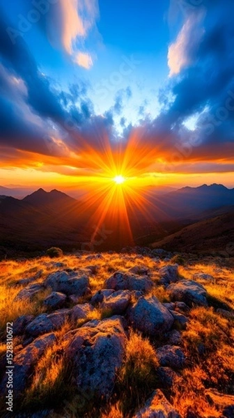 Fototapeta Vibrant sunset over a mountainous landscape, with the sun's rays bursting through clouds, casting a warm glow on rocky terrain and sparse vegetation in the foreground
