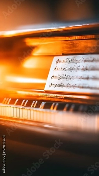 Fototapeta Warmly lit grand piano's keys and sheet music rest on the open lid, bathed in a golden, ambient light, suggesting a musical moment of quiet contemplation or preparation