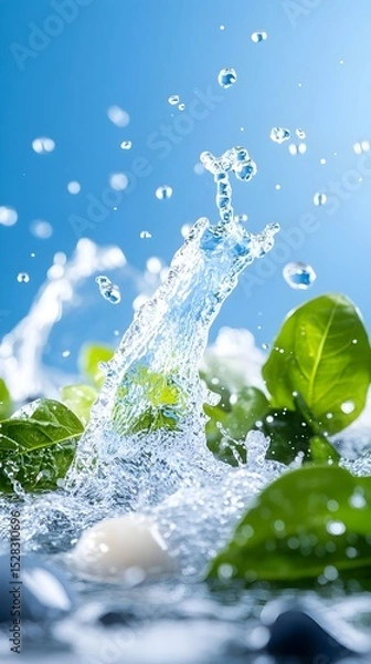 Fototapeta Vibrant water splash erupting amidst lush green leaves and smooth stones against a clear blue sky, creating a refreshing and lively scene