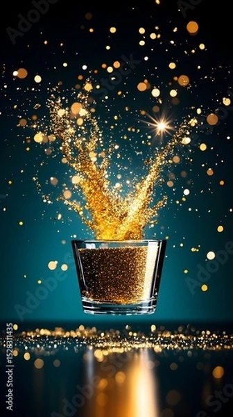Obraz Golden liquid splashing from a short glass against a dark teal background, illuminated by sparkling golden bokeh effects, creating a celebratory, luxurious feel