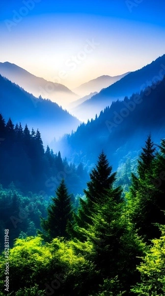 Obraz Serene sunrise over a misty mountain valley, showcasing a vibrant gradient of blues and greens in the forested landscape, with a soft focus effect emphasizing depth and tranquility