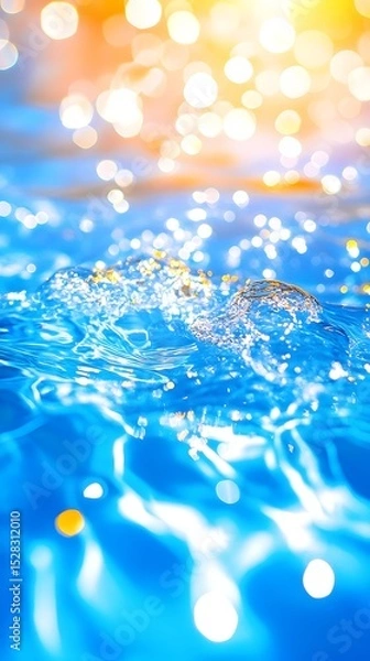 Obraz Shimmering water surface with out-of-focus warm-toned bokeh lights in the background, suggesting a sunny, possibly tropical, setting.  The water is a vibrant blue with ripples and small splashes