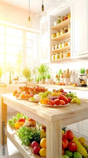 Obraz Sunlit kitchen island overflowing with vibrant, colorful fruits and vegetables, arranged on tiered levels, next to white cabinetry and open shelving stocked with jars