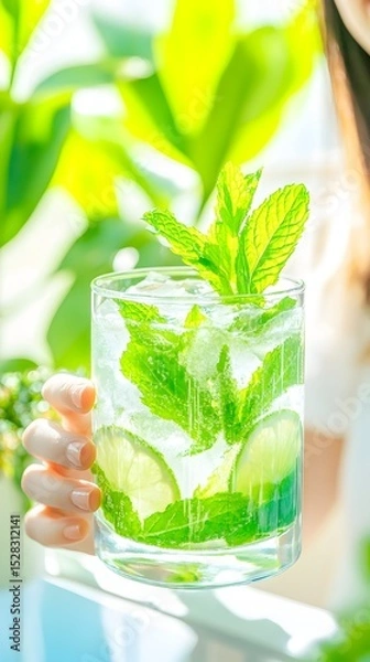 Fototapeta A woman's hand delicately holds a refreshing iced beverage in a clear glass, garnished with fresh mint and lime wedges.  Sunlight streams through lush green foliage in the background