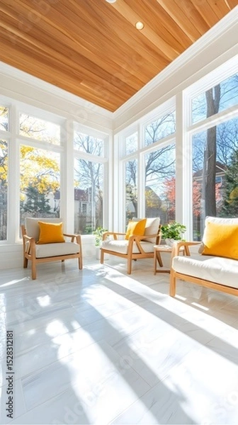 Obraz Sunlit sunroom with light wood ceiling, three beige armchairs with mustard yellow pillows, and large windows showcasing autumn foliage.  White marble flooring reflects sunlight
