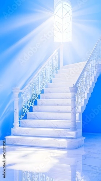 Obraz Sunlit white marble staircase ascends towards a high arched window in a bright blue room, creating a serene and ethereal atmosphere.  The intricate banister adds a touch of elegance