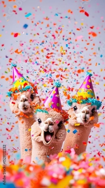 Obraz Three alpacas in party hats surrounded by colorful confetti, looking playfully at the camera, celebrating a festive occasion