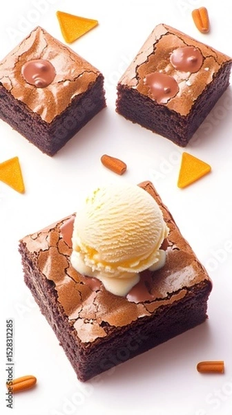 Obraz Three fudgy brownies, two plain and one topped with a melting scoop of vanilla ice cream, are artfully arranged on a white background, surrounded by small, orange, triangle-shaped candies