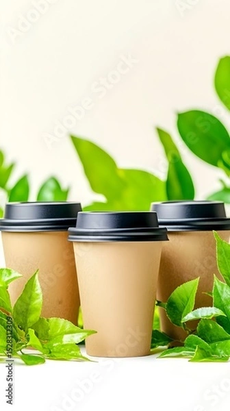 Obraz Three kraft paper coffee cups with black lids are nestled amongst vibrant green leaves against a bright white background.  The image emphasizes eco-friendliness