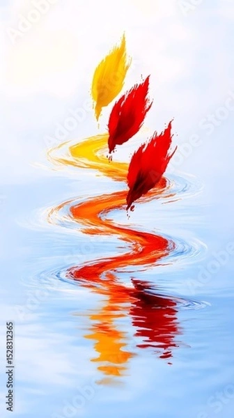 Obraz Three stylized autumn leaves, red, orange, and yellow, appear to float on a swirling, reflective stream of matching colors, creating an abstract, nature-inspired composition