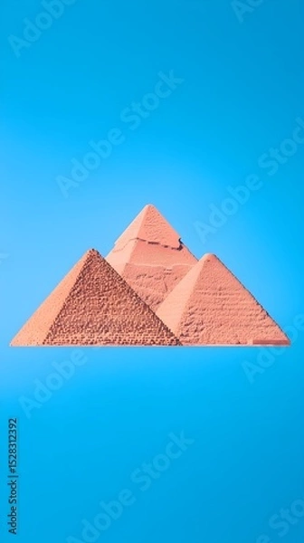 Obraz Three terracotta pyramids float against a vibrant azure sky, exhibiting a minimalist, almost surreal aesthetic.  Their smooth surfaces and sharp angles contrast with the soft, unblemished background