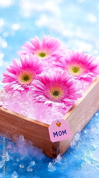 Obraz Three pink gerbera daisies nestled in a light wood box filled with ice, a small heart-shaped tag reading "MOM" adorns the box, set against a light blue background