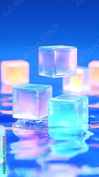 Obraz Translucent pastel cubes levitate and rest on a reflective surface, casting soft glows and creating a dreamy, ethereal atmosphere against a vibrant blue backdrop